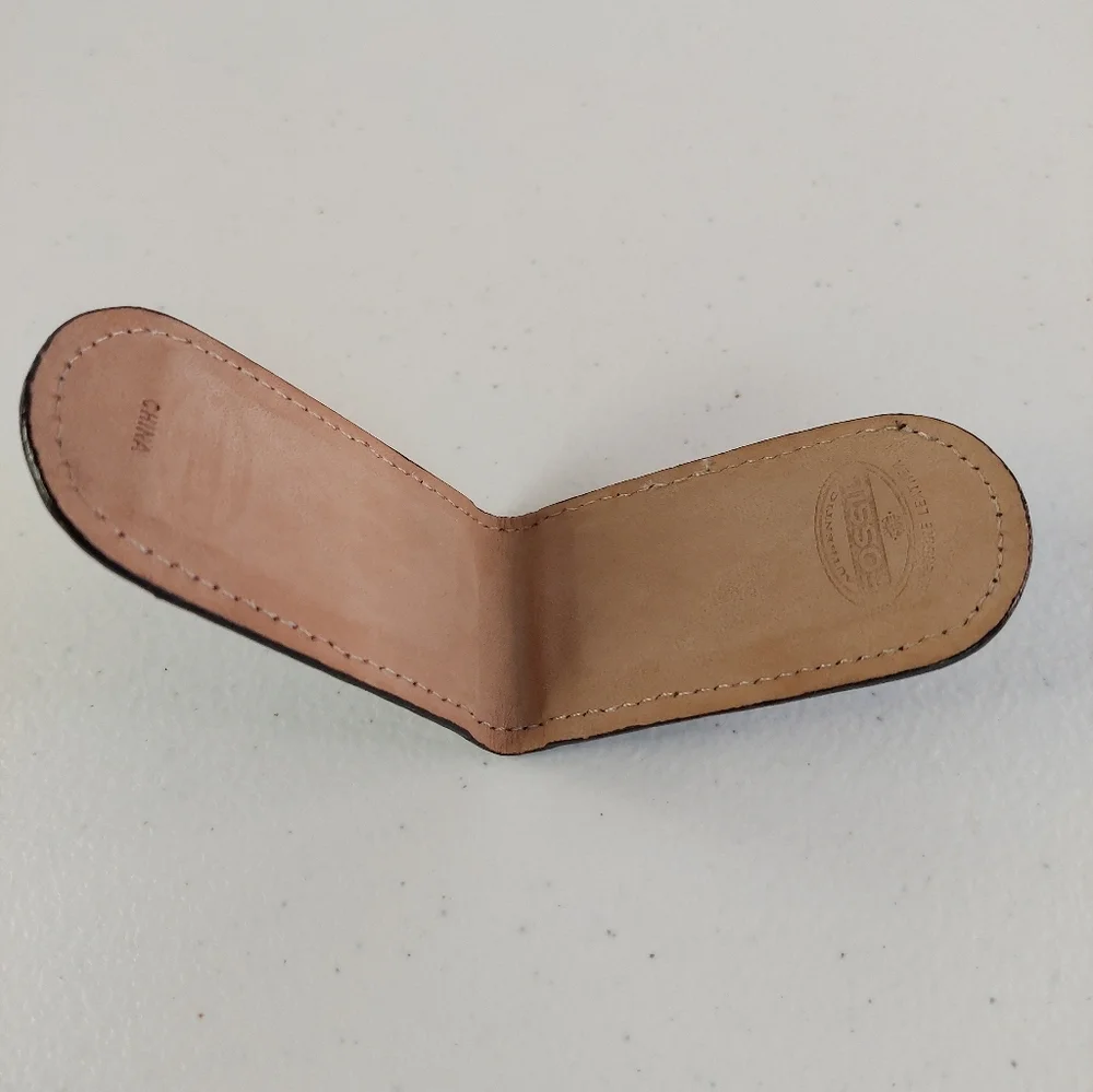 Vtg Fossil Leather Money Clip Magnetic with basketweave leather Design Brown